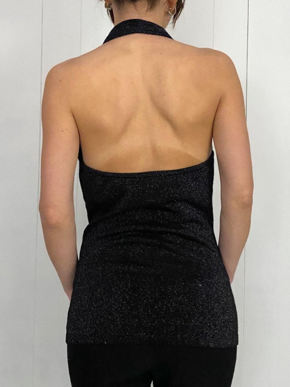 INC y2k 2000s black cowl neck shimmery sparkle knit halter top - Picture 3 of 4